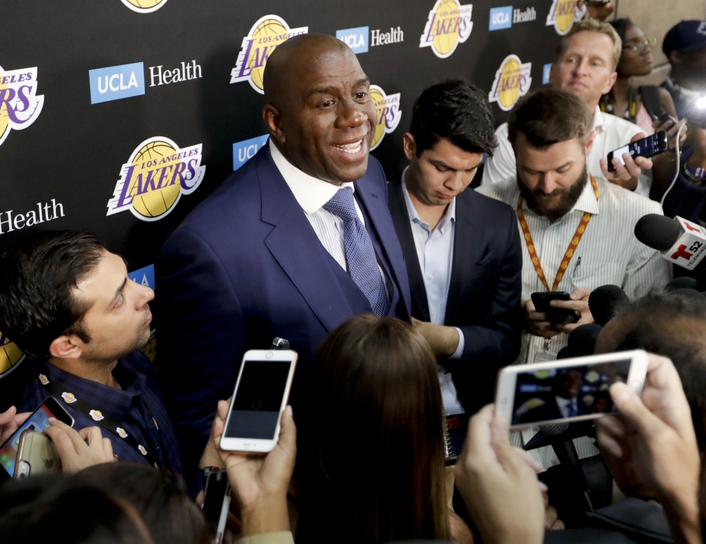 Magic Johnson, Los Angels Lakers President of Basketball Operations, talks during a news conference at an NBA basketball media day at the UCLA Health Training Center in El Segundo, Calif., Monday. — AP