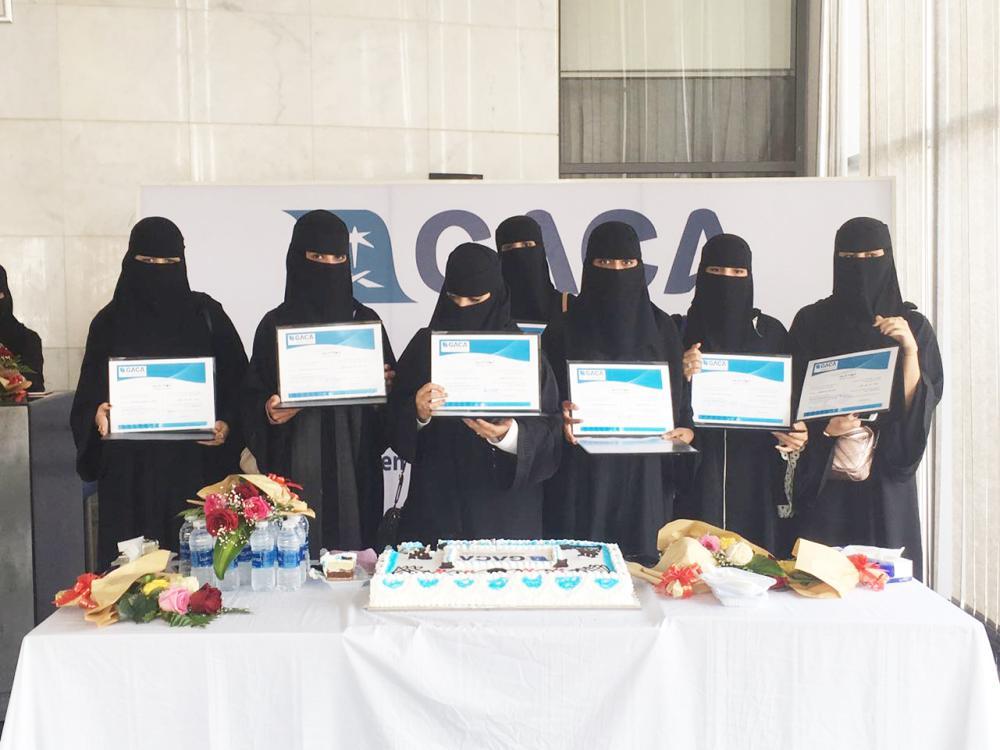 Female students of Taibah University who completed their two-month training at Prince Abdulmohsen Bin Abdulaziz Airport in Yanbu.