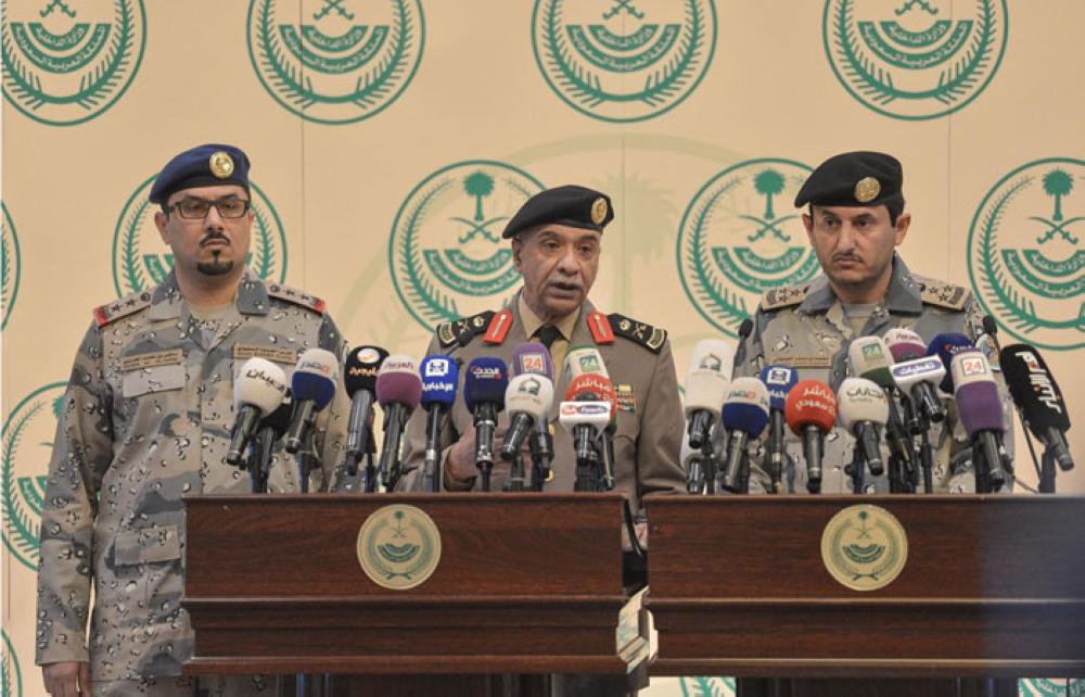 Security Spokesman of the Ministry of Interior Maj. Mansour Al-Turki (center) addressing a press conference in Riyadh on Wednesday. — SPA