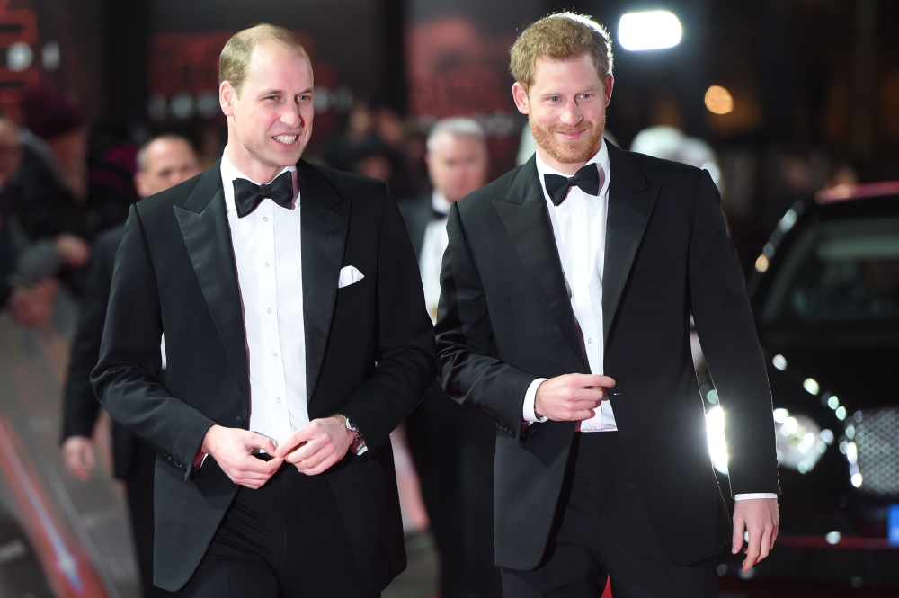 Britain's Prince William, left, Duke of Cambridge and Prince Harry arrive for the European Premiere of 