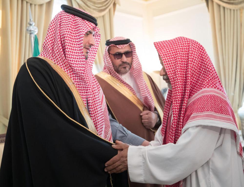Minister of Interior Prince Abdul Aziz Bin Saud Bin Naif visits the bereaved family members of Sheikh Mohammed Bin Abdullah Al-Jirani in Qatif on Tuesday. -SPA