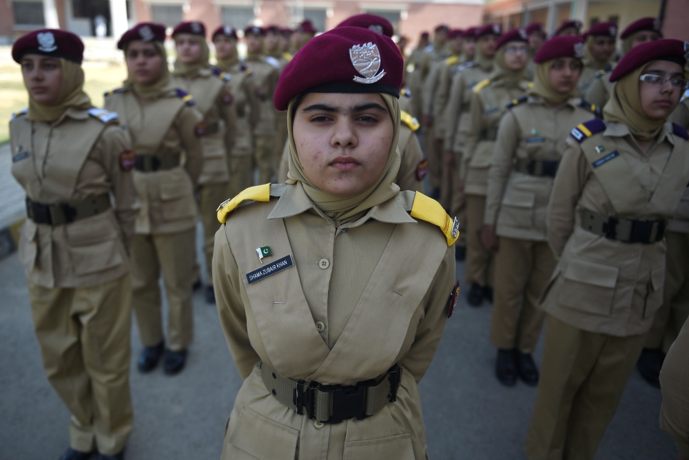 Pakistani cadets parade at the Pakistan Army’s first Girls’ Cadet College in Mardan in this Oct. 25, 2017 file photo. — AFP