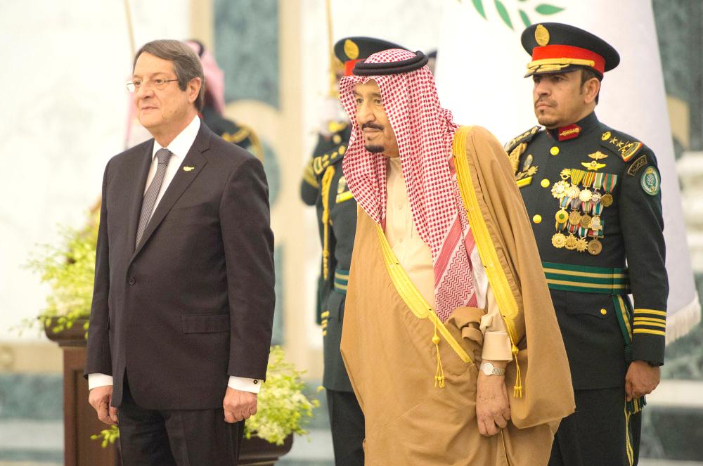 Custodian of the Two Holy Mosques King Salman and President of Cyprus Nicos Anastasiades witness the signing of bilateral agreements at Al-Yamamah Palace in Riyadh on Wednesday. - SPA