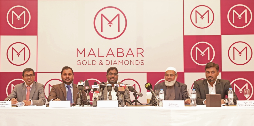 Left to Right: Abdul Salam KP, group executive director, Malabar Group, Shamlal Ahamed, managing director - international operations, Malabar Gold & Diamonds, MP Ahammed, chairman, Malabar Group, Dr. PA Ibrahim Haji, co-chairman, Malabar Group, Ameer CMC, director - finance & admin, Malabar Gold & Diamonds during the announcement of launching 200 showrooms globally at a press meet held in Dubai. — Courtesy photo
