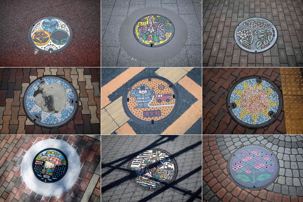 This combo photo shows designed manhole covers in Kawaguchi, Saitama prefecture. Japan's sewerage industry has found a way to clean up its dirty and smelly image: elaborately designed and colorful manhole covers with 12,000 local varieties nationwide — including, of course, a Hello Kitty design. — AFP