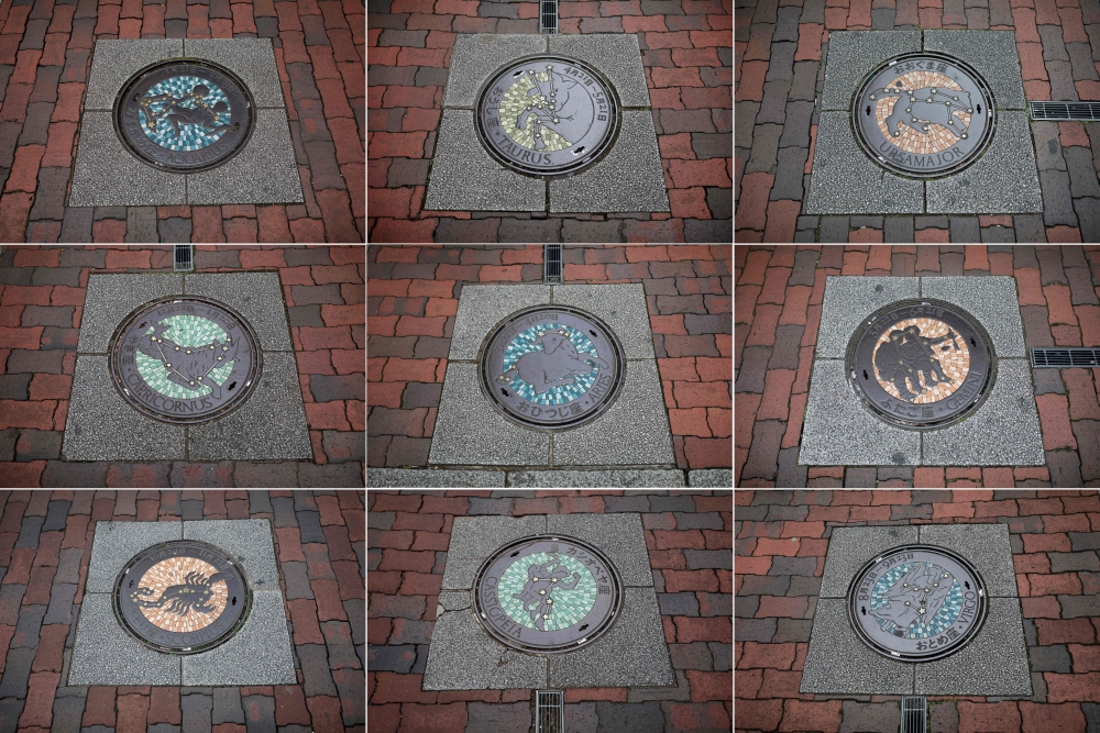 This combo photo shows designed manhole covers in Kawaguchi, Saitama prefecture. Japan's sewerage industry has found a way to clean up its dirty and smelly image: elaborately designed and colorful manhole covers with 12,000 local varieties nationwide — including, of course, a Hello Kitty design. — AFP