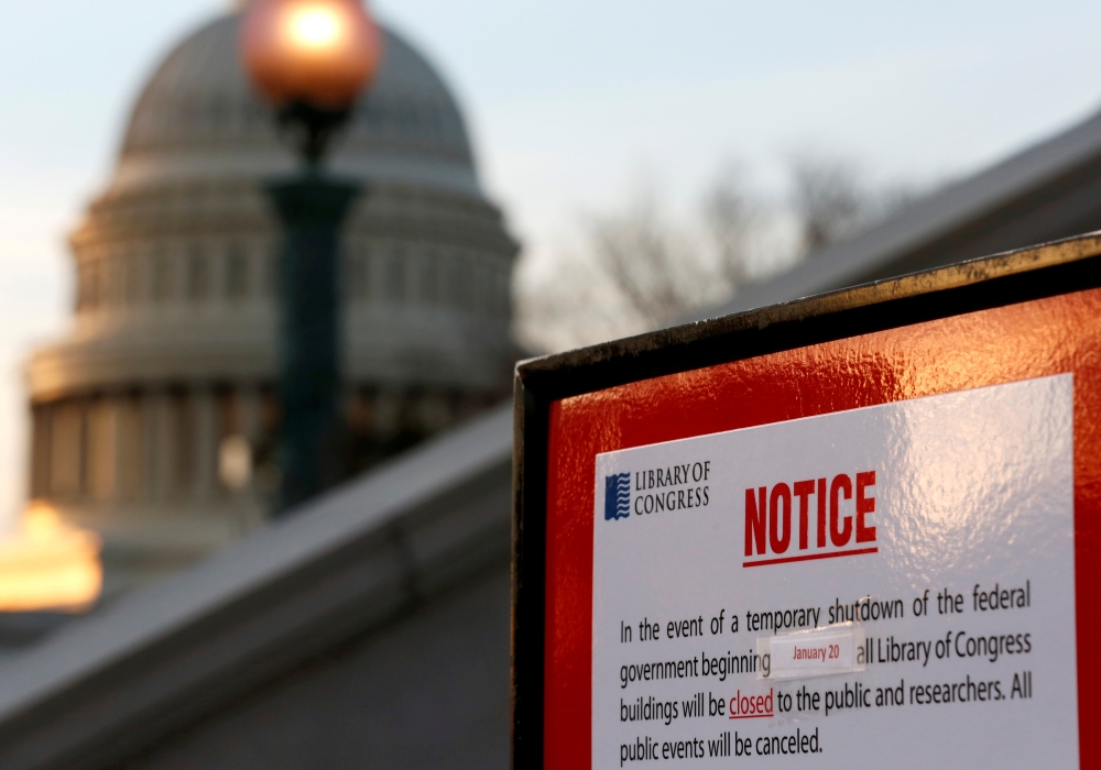 A sign announces the closure of the Library of Congress after President Donald Trump and the US Congress failed to reach a deal on funding for federal agencies in Washington, US, on Saturday. — Reuters