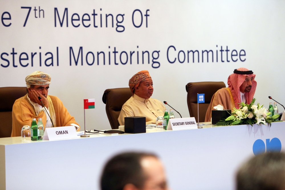 (From L to R) Omani Energy Minister Mohammed Al-Rumhy, OPEC Secretary General Mohammed Barkindo and Saudi Energy Minister Khalid Al-Falih at the 7th Meeting of the Joint Ministerial Monitoring Committee in Muscat on Sunday. — AFP