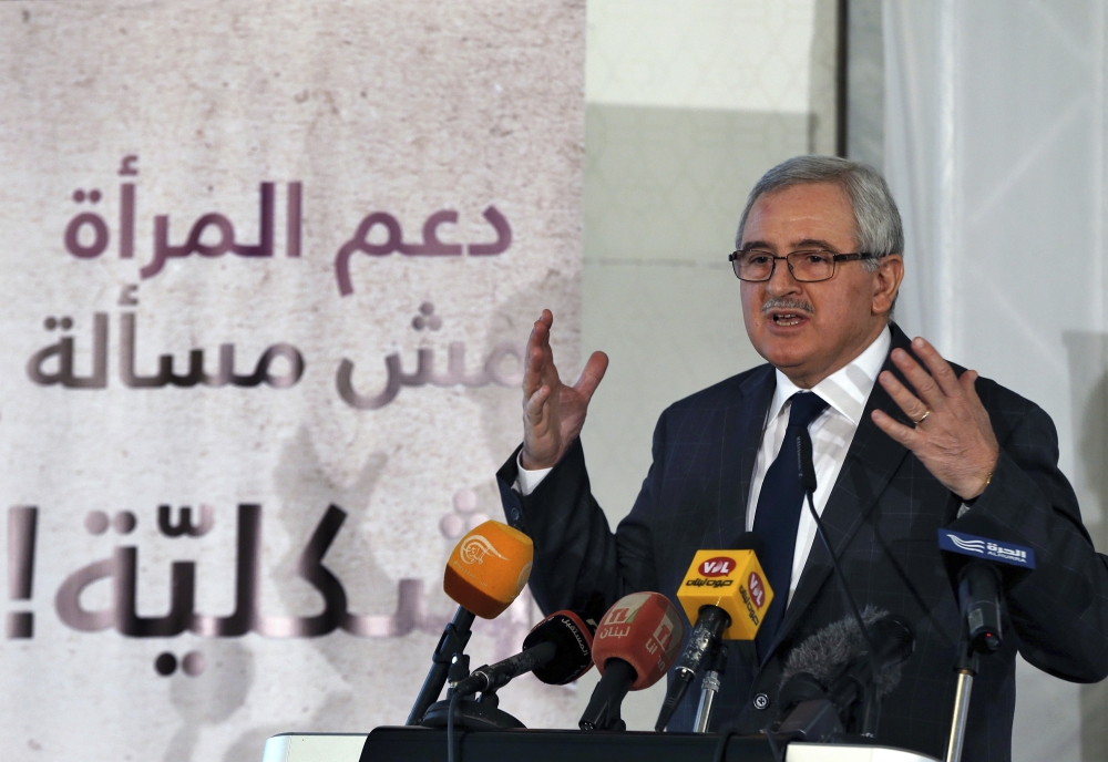 State Minister of Women's Affairs Jean Oghassabian speaks during a conference on women participation in politics at Kempinski Summerland Hotel in Beirut, Lebanon. — AP