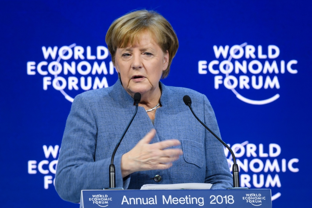 German Chancellor Angela Merkel addreses the annual World Economic Forum (WEF) on Wednesday in Davos, Switzerland. — AFP