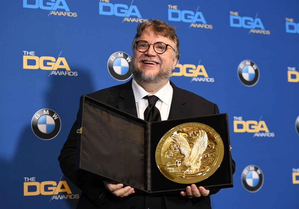 Director Guillermo Del Toro, winner of the Outstanding Directorial Achievement in Feature Films award, poses in the press room during the 2018 DGA Awards at the Beverly Hilton in Beverly Hills, California on Sunday. - AFP