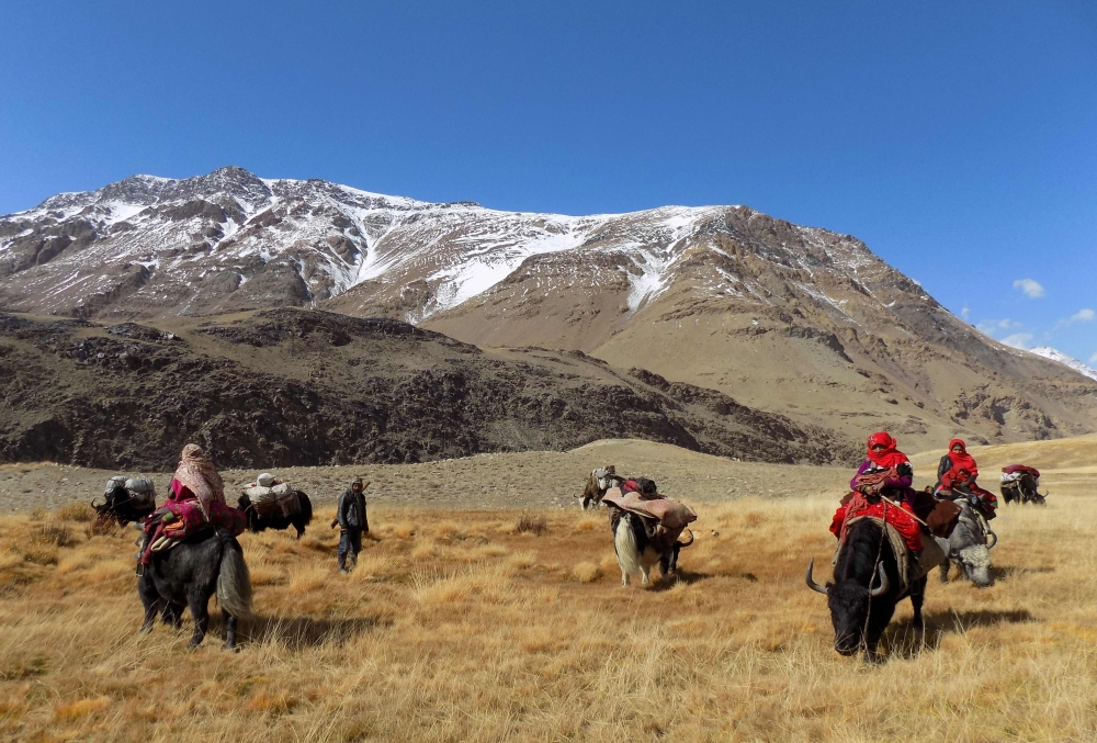 This picture taken on October 7, 2017 shows Kyrgyz nomad families traveling on yaks in the Wakhan Corridor in Afghanistan. For centuries, the nomadic Kyrgyz people traveled freely across Central and South Asia, fording rivers and cutting across snow-capped mountains with their herds of livestock. Today they are trapped on the 