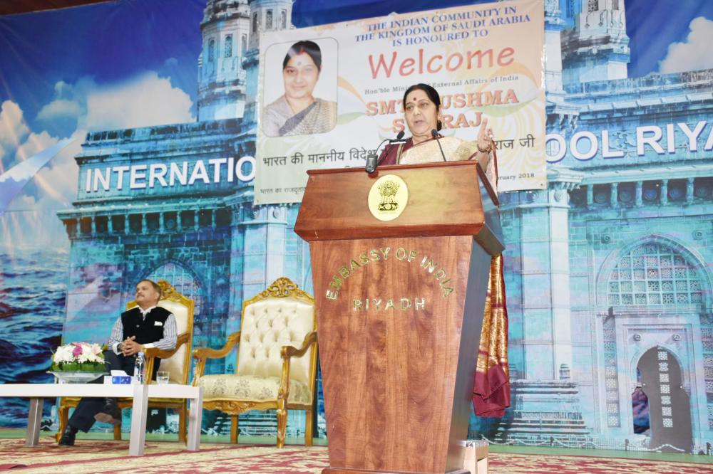 Indian External Affairs Minister Sushma Swaraj addressing the Indian community at the Indian International School Riyadh auditorium on Tuesday night.  — SG photos by  Mir Mohsin Ali