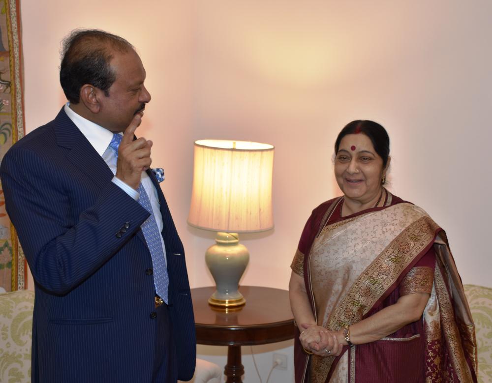 Indian External Affairs Minister Sushma Swaraj addressing the Indian community at the Indian International School Riyadh auditorium on Tuesday night.  — SG photos by  Mir Mohsin Ali