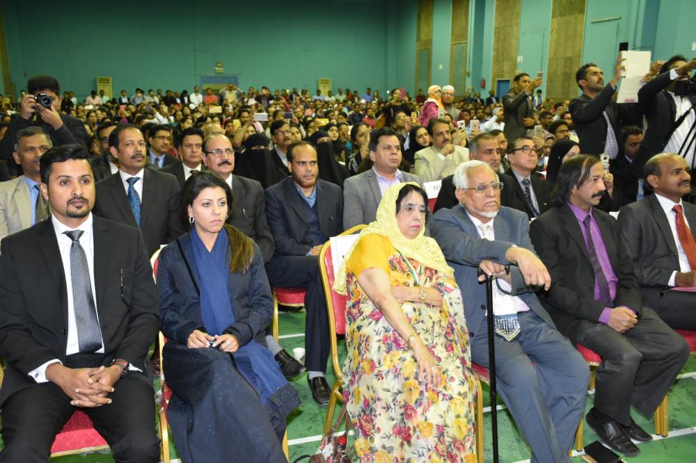 Indian External Affairs Minister Sushma Swaraj addressing the Indian community at the Indian International School Riyadh auditorium on Tuesday night.  — SG photos by  Mir Mohsin Ali