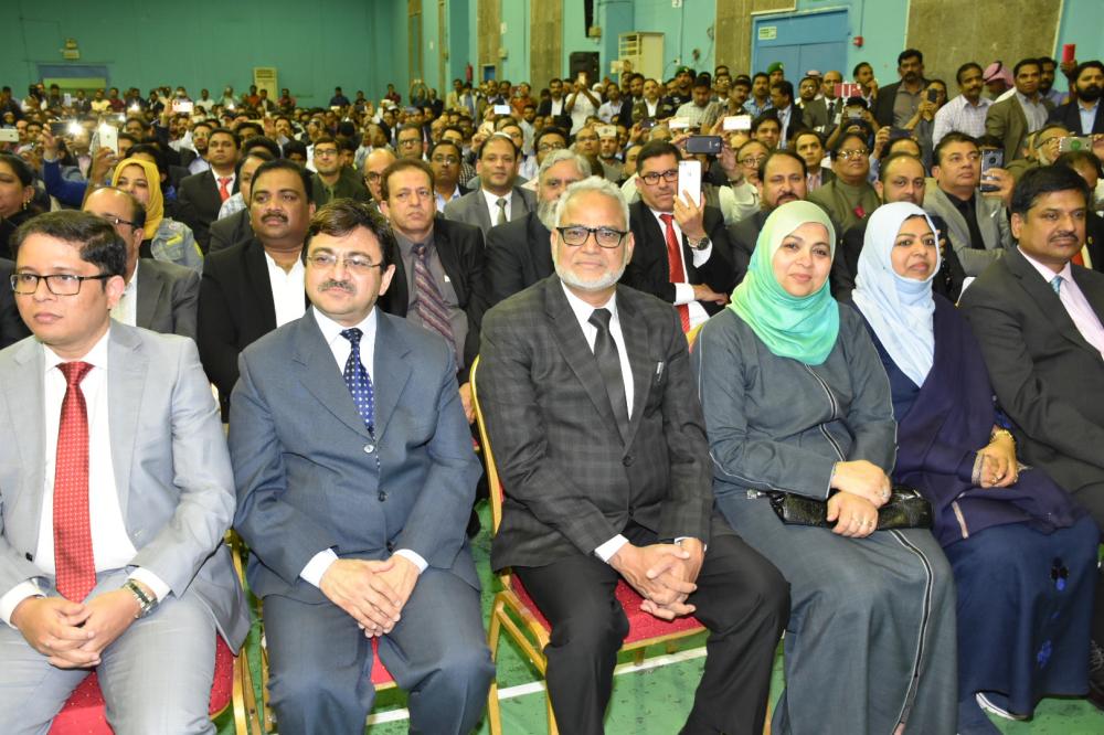 Indian External Affairs Minister Sushma Swaraj addressing the Indian community at the Indian International School Riyadh auditorium on Tuesday night.  — SG photos by  Mir Mohsin Ali