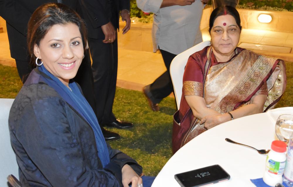 Indian External Affairs Minister Sushma Swaraj addressing the Indian community at the Indian International School Riyadh auditorium on Tuesday night.  — SG photos by  Mir Mohsin Ali