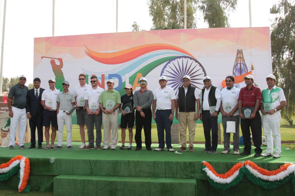 Indian Ambassador Ahmad Javed with all the winners in the first India Republic Day Open Golf Tournament in Riyadh. — Courtesy photo