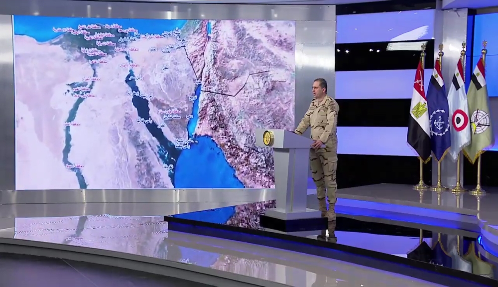 An image grab taken from a handout video released by the Egyptian Defense Ministry on Friday shows Egypt's Army spokesman, Col. Tamer Al-Rifai, reading a statement next to a map of northern Egypt and the Sinai peninsula, announcing the launch of a major operation in the Nile Delta and in the Sinai against a persistent Daesh ( so-called IS) group insurgency. Police and troops have been put on 