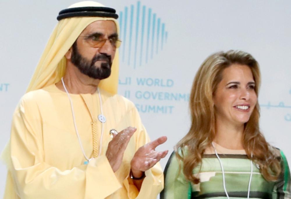Sheikh Mohammad Bin Rashid Al Maktoum, Vice President and Prime Minister of the United Arab Emirates and Ruler of Dubai, and his wife Princess Haya Bint Al-Hussein are seen on stage during the opening of the World Government Summit in Dubai on Sunday. — AFP
