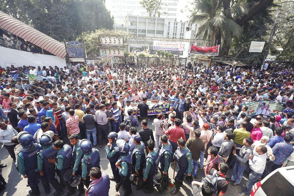 Bangladesh Nationalist Party (BNP) leaders and supporters protest against the verdict in the corruption case of Bangladesh’s main opposition leader and Bangladesh Nationalist Party chairperson Khaleda Zia in Dhaka on Monday. — AFP