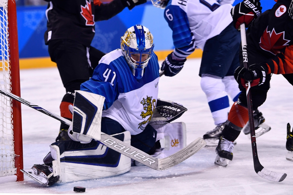 Finland's Noora Raty defends the goal during the final period of the women's preliminary round ice hockey match between Canada and Finland during the Pyeongchang 2018 Winter Olympic Games at the Kwandong Hockey Centre in Gangneung, South Korea on Tuesday. — AFP