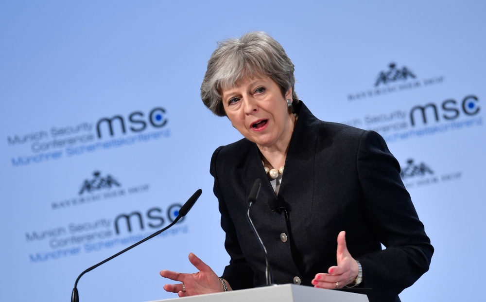 British Prime Minister Theresa May gives a speech during the Munich Security Conference in Munich, southern Germany, on Saturday. — AFP