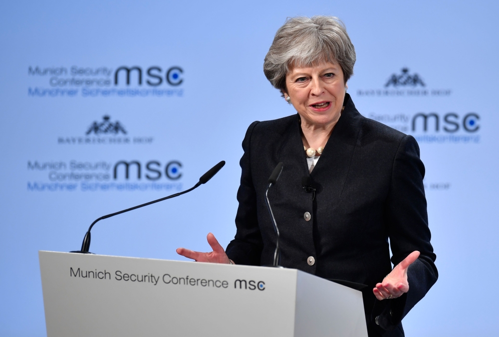 British Prime Minister Theresa May gives a speech during the Munich Security Conference in Munich, southern Germany, on Saturday. — AFP