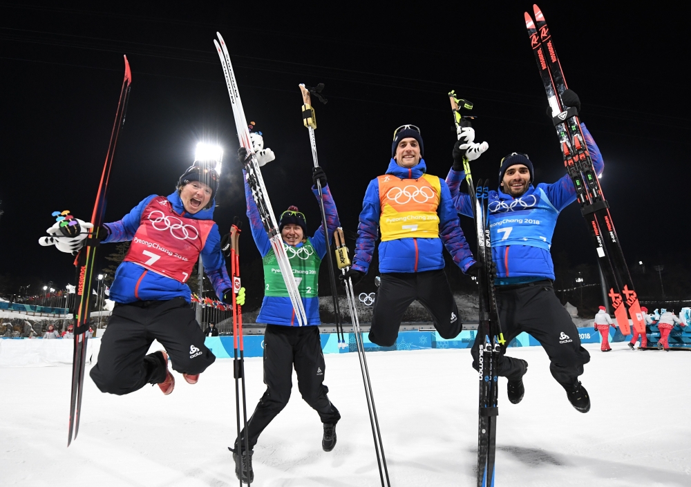 (L-R) France's silver medalists Gabriella Papadakis and Guillaume Cizeron, Canada's gold medalists Tessa Virtue and Scott Moir, and USA's bronze medalists Maia Shibutani and Alex Shibutani pose on the podium during the medal ceremony for the figure skating ice dance at the Pyeongchang Medals Plaza during the Pyeongchang 2018 Winter Olympic Games in Pyeongchang on Tuesday. — AFP