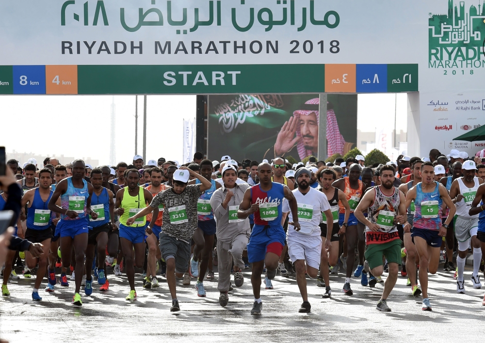 Saudi and expat runners take part in the 2018 Riyadh marathon at the King Saud university in Riyadh on Saturday. — AFP