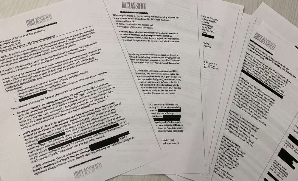 Prints of a memo released by the Democratic minority on the US House of Representatives Intelligence Committee are seen, in Washington on Saturday. — Reuters