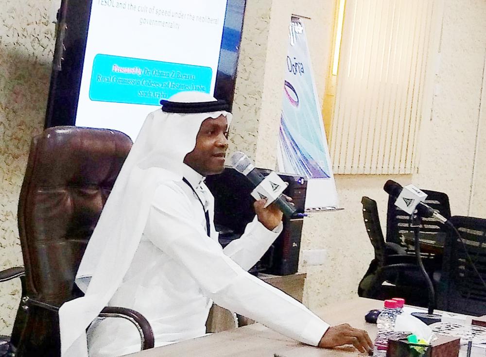 The plenary speaker, Dr. Othman Barnawi, managing director of Yanbu Technical Institute at the Royal Commission Colleges and Institutes, speaks at the mini conference in Riyadh. — Courtesy photos