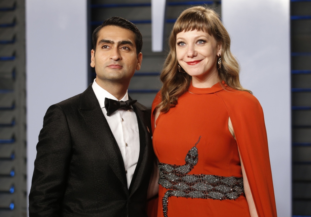 Actor and comedian Kumail Nanjiani with wife Emily Gordon during the 2018 Vanity Fair Oscar Party in Beverly Hills, California on Monday. - Reuters