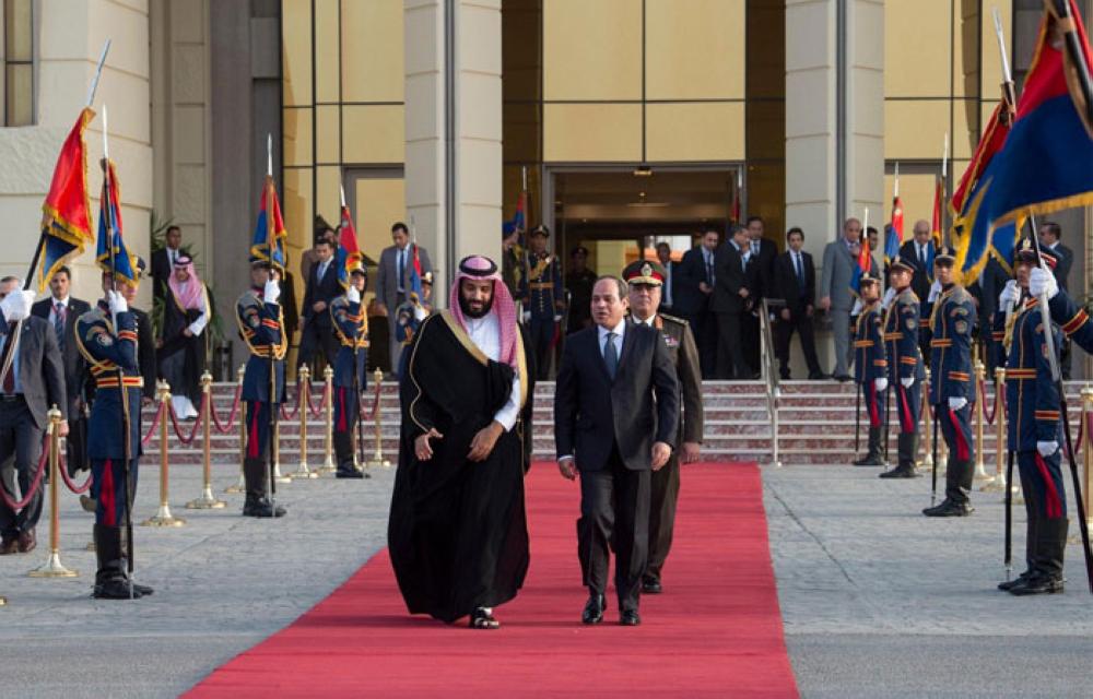 Crown Prince Muhammad Bin Salman, deputy premier and minister of defense, is seen off at Cairo International Airport on Tuesday evening by Egyptian President Abdel Fattah El-Sisi and senior officials. The Crown Prince left for Britain for an official visit. -- SPA photos