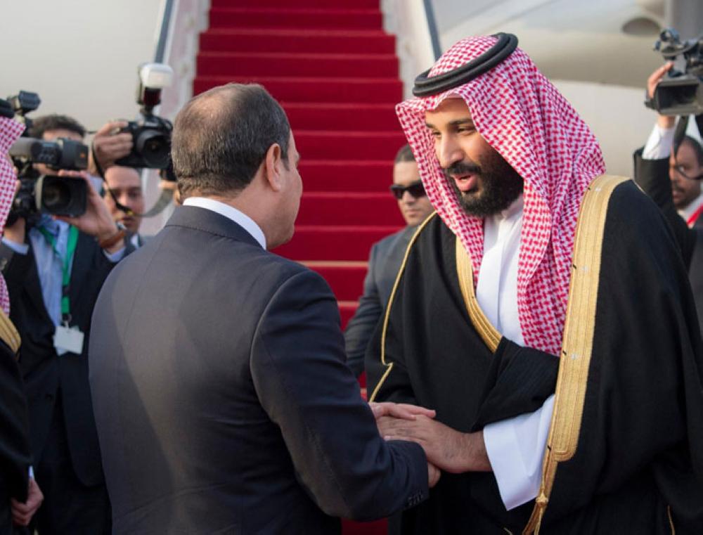 Crown Prince Muhammad Bin Salman, deputy premier and minister of defense, is seen off at Cairo International Airport on Tuesday evening by Egyptian President Abdel Fattah El-Sisi and senior officials. The Crown Prince left for Britain for an official visit. -- SPA photos