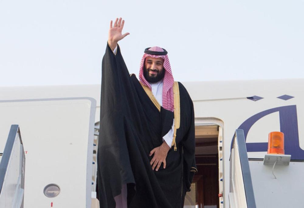 Crown Prince Muhammad Bin Salman, deputy premier and minister of defense, is seen off at Cairo International Airport on Tuesday evening by Egyptian President Abdel Fattah El-Sisi and senior officials. The Crown Prince left for Britain for an official visit. -- SPA photos