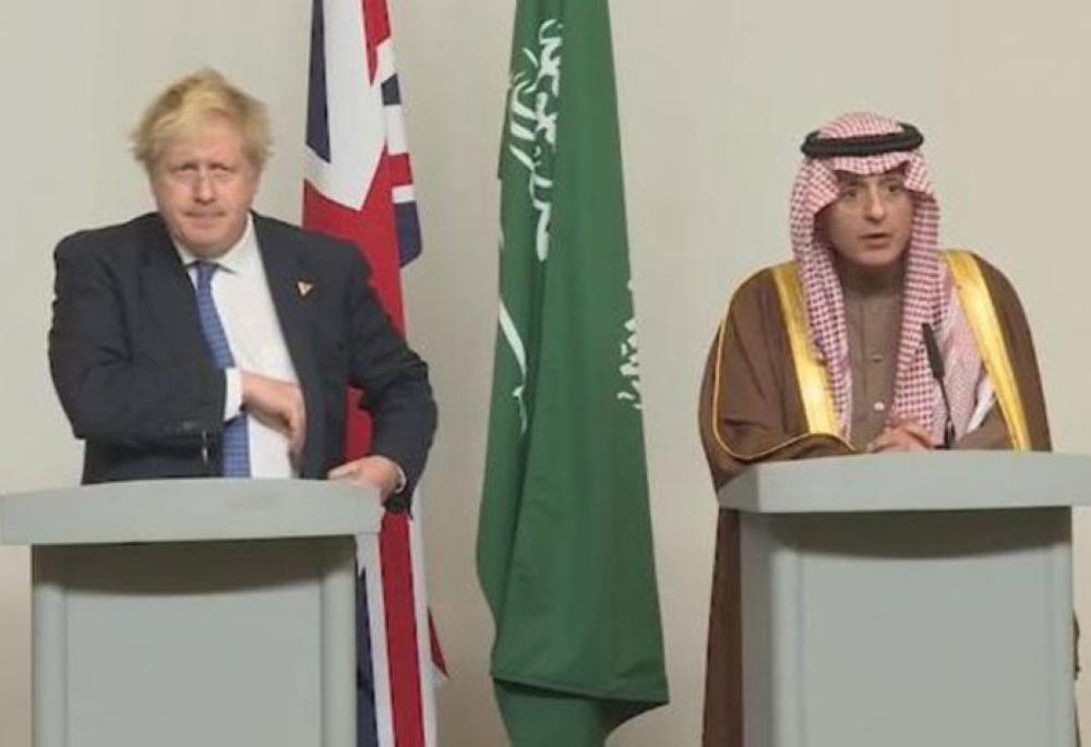 Foreign Minister Adel Al-Jubeir with his British counterpart, Boris Johnson, at a press conference in London on Wednesday night. — Courtesy photo
