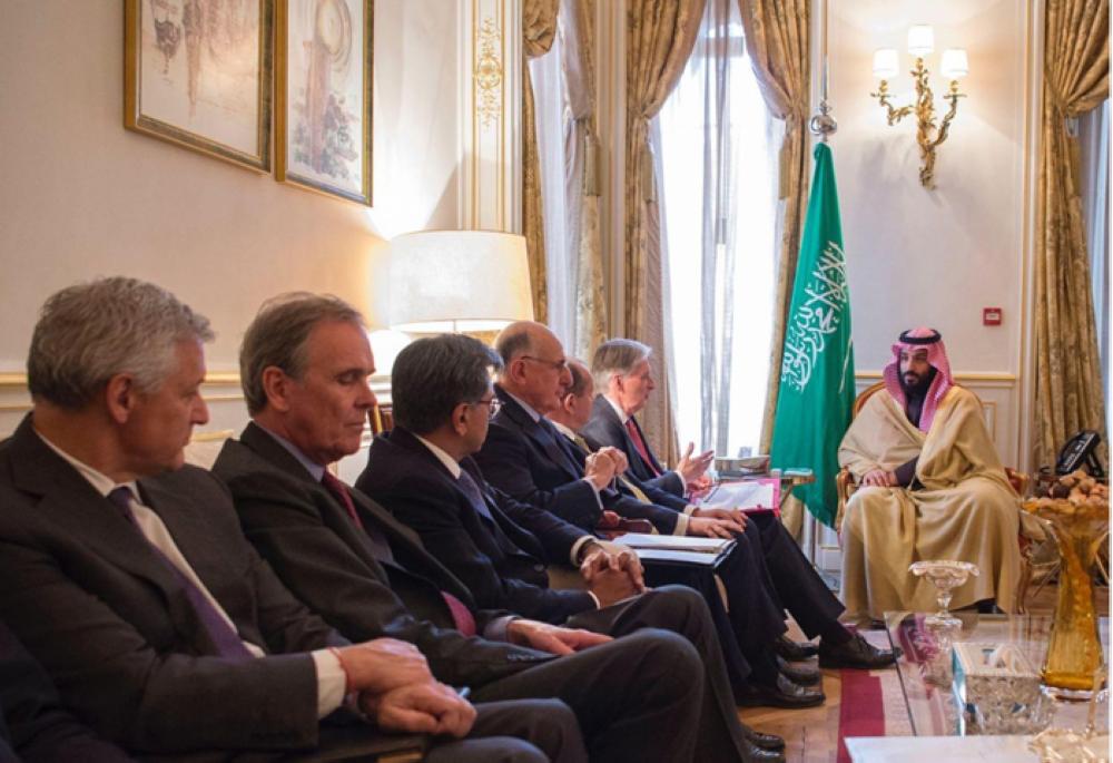 Crown Prince Muhammad Bin Salman is flanked by Prince Charles and Prince William at a dinner party in London, Wednesday. — SPA