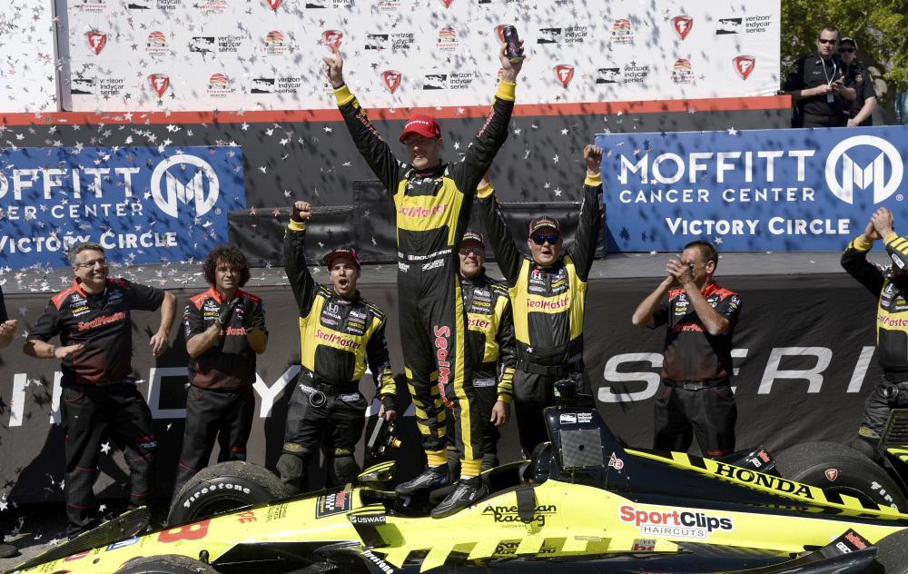 Sebastien Bourdais celebrates after winning the IndyCar Firestone Grand Prix of St. Petersburg Sunday. — AP 