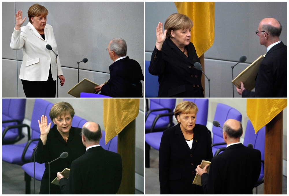 This combination of file pictures shows German Chancellor Angela Merkel taking the oath as she is sworn in as German Chancellor at the Bundestag (lower house of parliament) for her four consecutive terms, from top left clockwise, on March 14, 2018 with Bundestag president Wolfgang Schaeuble; on Dec. 17, 2013 with then Bundestag president Norbert Lammert; on Oct. 28, 2009 also with Norbert Lammert; and on Nov. 22, 2005 with Norbert Lammert. — AFP