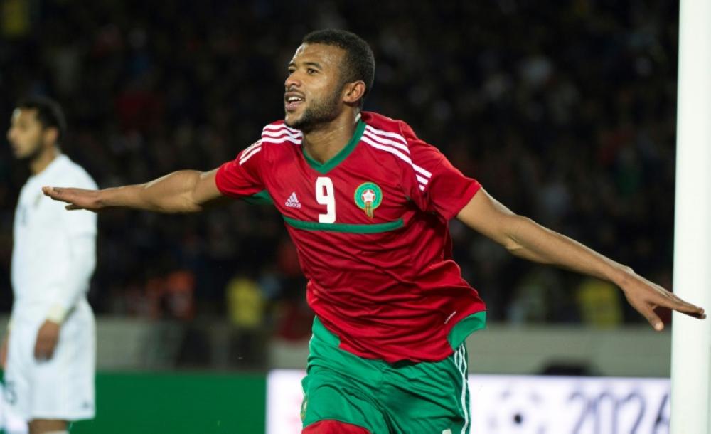 Morocco's Ayoub El-Kaabi celebrates after scoring during the semifinal football match in the African Nations Championship between Morocco and Libya at the Mohammed V Casablanca Stadium on Jan. 31. — AFP