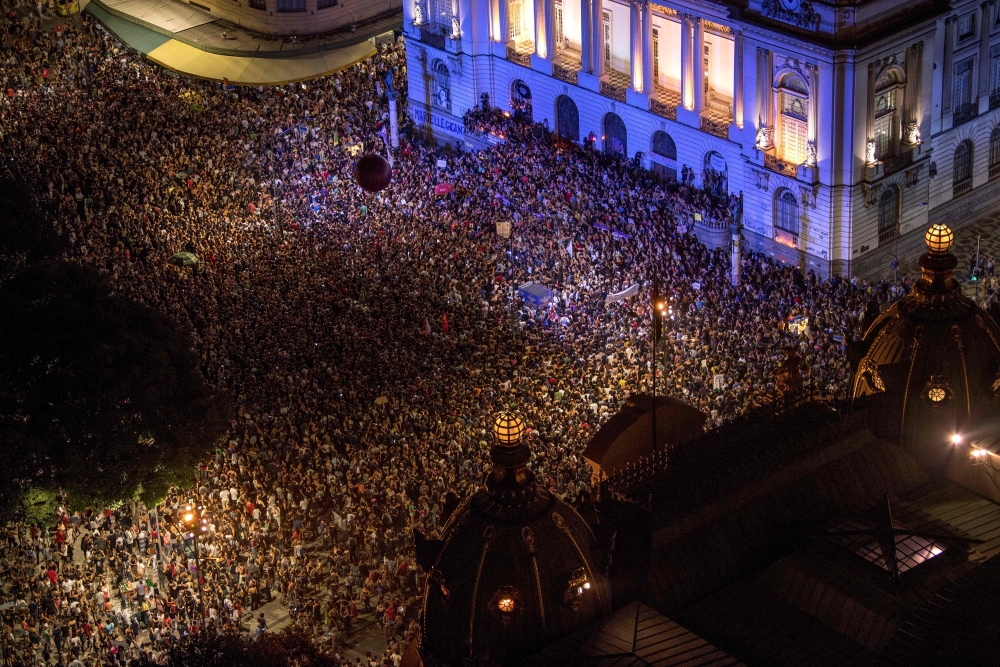 Aerial view from the demonstration against the murder of Brazilian councilwoman and activist Marielle Franco in front of Rio’s Municipal Chamber, downtown Rio de Janeiro, Brazil on Thursday. — AFP