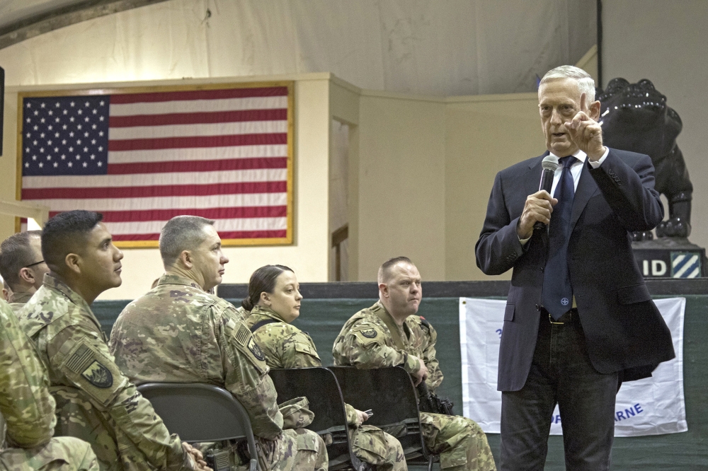 This US Department of Defense (DOD) photo obtained March 15, 2018 shows US Secretary of Defense James Mattis as he visits Bagram Airfield on March 14, 2018, to engage USFOR-A and coalition Resolute Support Mission service members on the current state of joint military affairs in Afghanistan. — AFP
