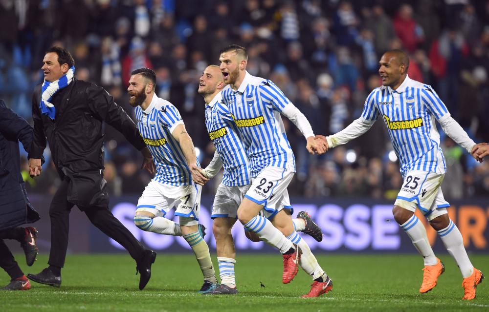 Spal's Francesco Vicari and teammates celebrate after their match against Juventus at Paolo Mazza, Ferrara, Italy, Saturday. — Reuters