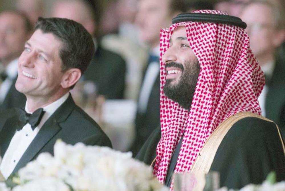 Crown Prince Muhammad Bin Salman, deputy premier and minister of defense, and US Speaker of the House, Paul Ryan, Republican of Wisconsin, attending the Saudi-US Partnership Gala event in Washington, DC on Thursday.  — AFP