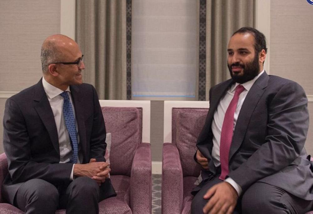Crown Prince Muhammad Bin Salman, deputy premier and minister of defense, meets Microsoft CEO Satya Nadella in Seattle to exchange talks on cooperation in training Saudi youth. -- SPA