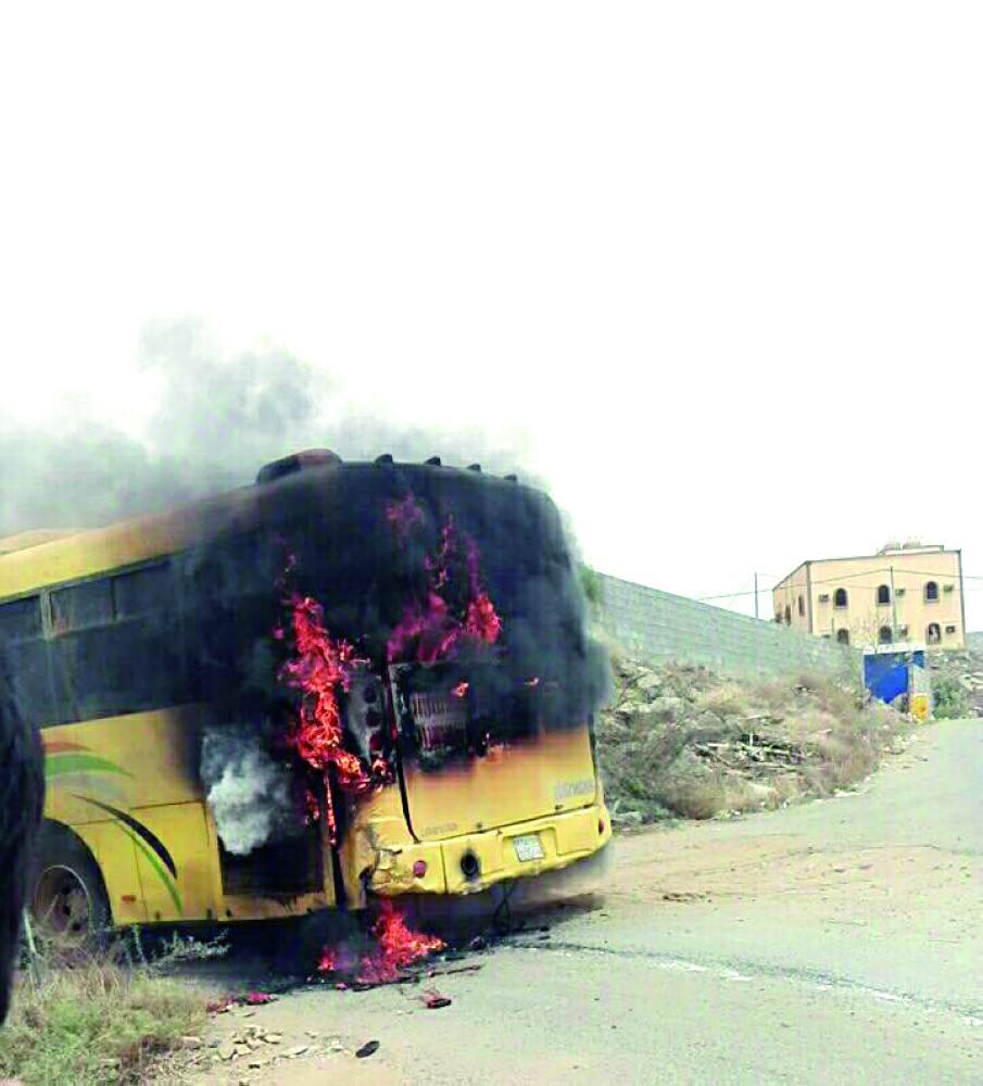 The bus on fire. No casualties were reported. — Okaz photo