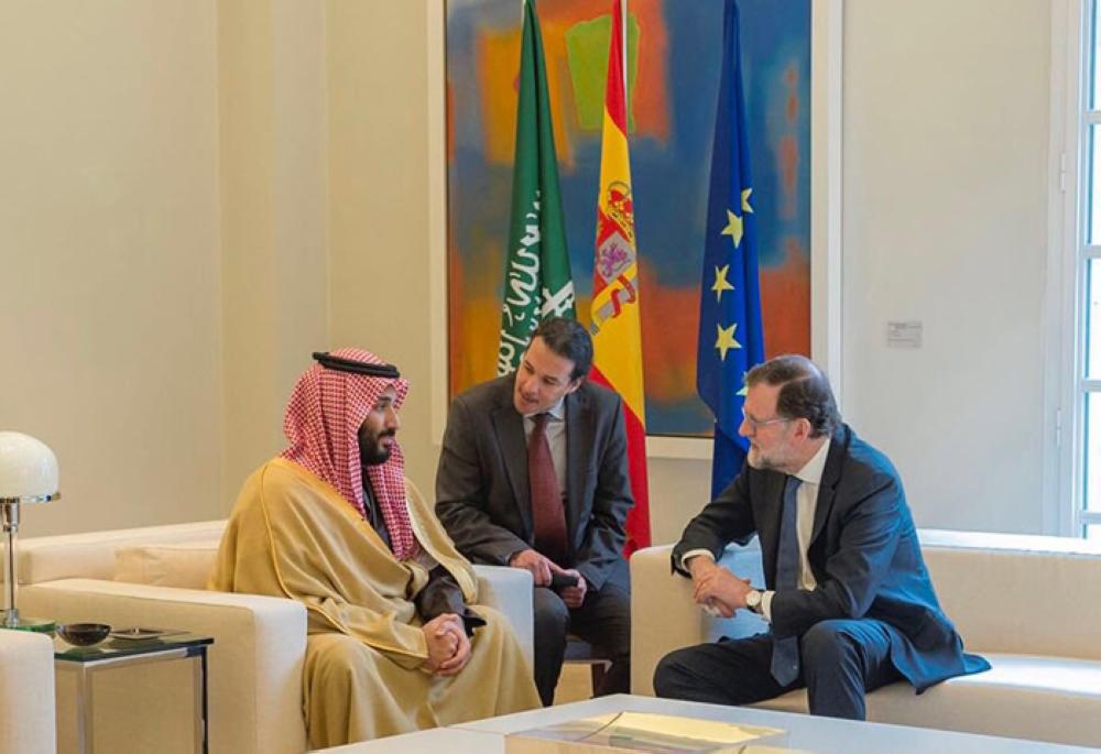 Crown Prince Muhammad Bin Salman, deputy premier and minister of defense, and Spain Prime Minister Mariano Rajoy hold talks in Madrid on Thursday. — SPA
