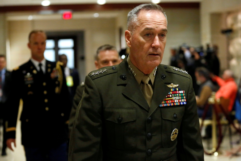 Chairman of the Joint Chiefs of Staff General Joseph Dunford arrives for a closed-door briefing on Syria for the US House of Representatives on Capitol Hill in Washington. — Reuters