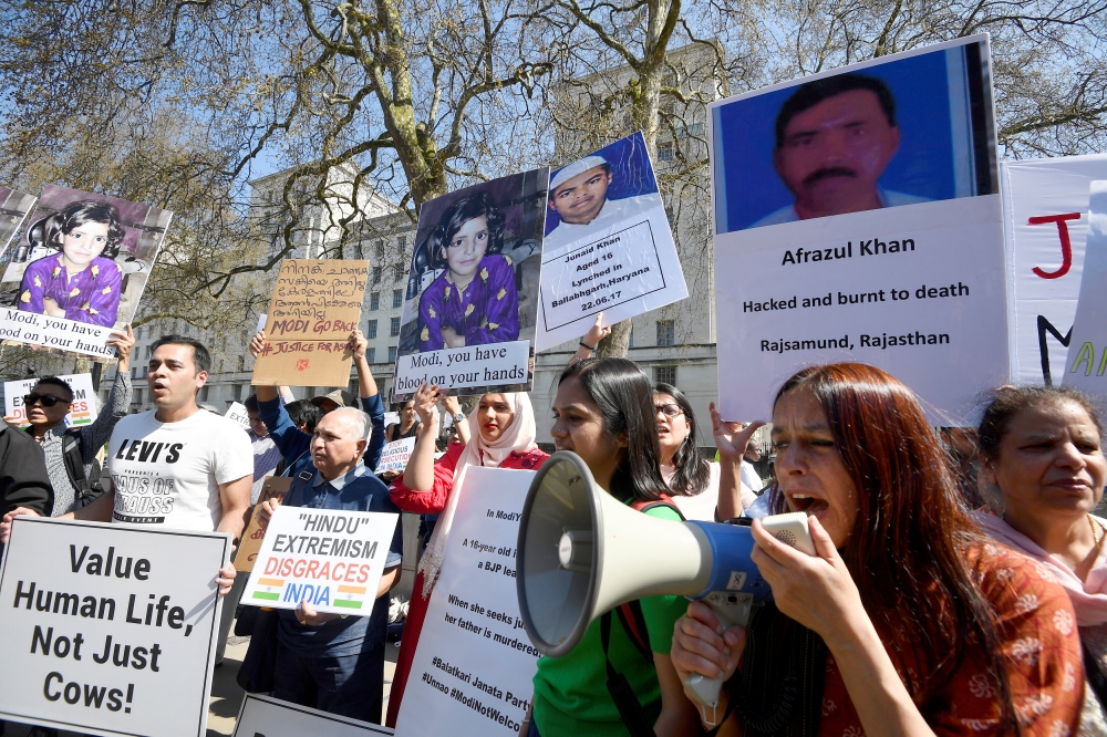 Demonstrators stage a protest against the visit by India’s Prime Minister Narendra Modi opposite Downing Street in London on Wednesday. — Reuters